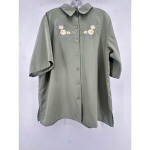 BonWorth Womens Large Sage Green Floral Embroidered Button Down Blouse Top L